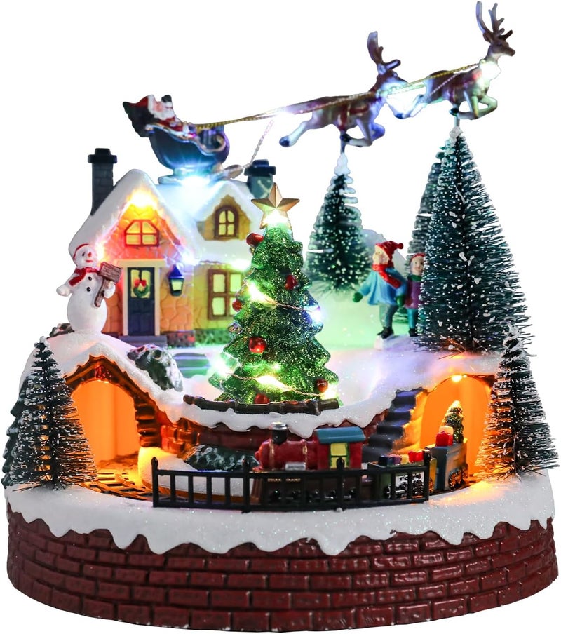 Vipush Christmas Village House Decorations Resin Train Set with Flying Santa Home Decor Indoor Building Figurines Revolving Train with LED Light and 8 Christmas Music for Kids - Image 1